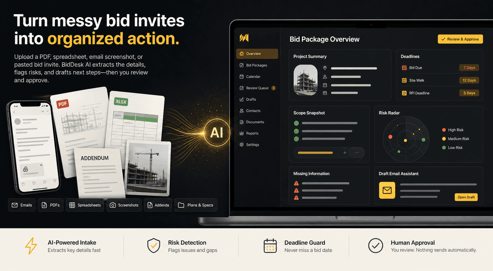 BidDesk AI marketing mockup showing bid documents, screenshots, and spreadsheets becoming an organized bid package dashboard.