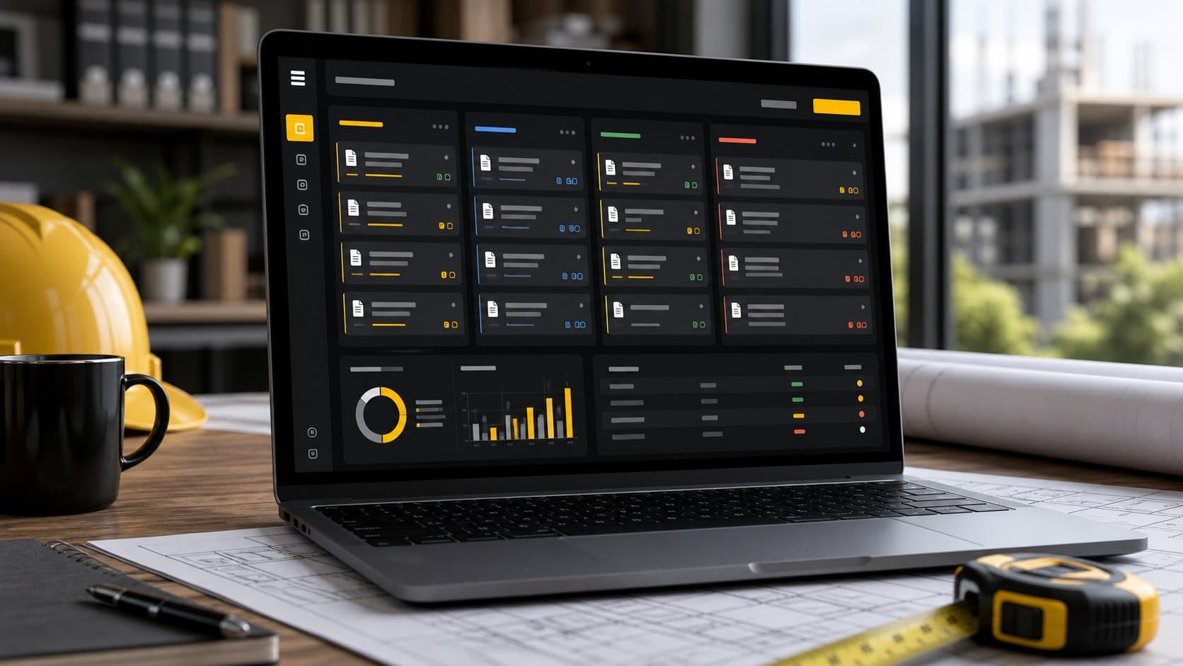 Laptop showing an abstract construction bid coordination dashboard.
